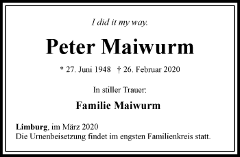 Traueranzeige von Peter Maiwurm von RMZ
