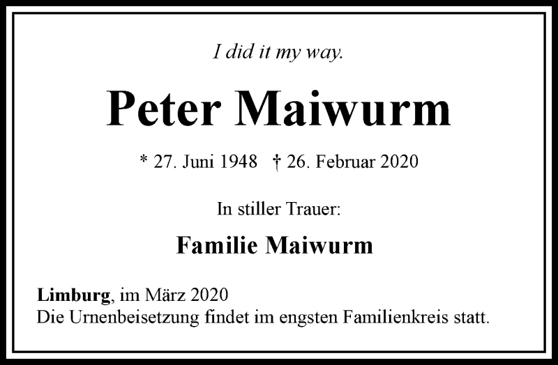  Traueranzeige für Peter Maiwurm vom 07.03.2020 aus RMZ