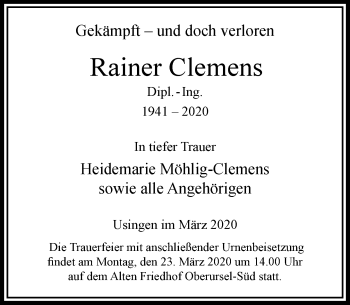 Traueranzeige von Rainer Clemens von RMZ