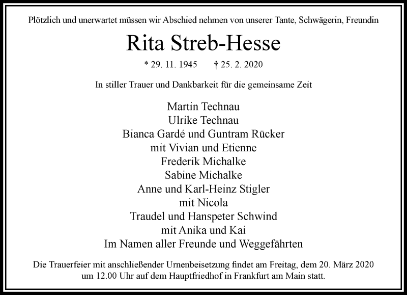  Traueranzeige für Rita Streb-Hesse vom 14.03.2020 aus RMZ