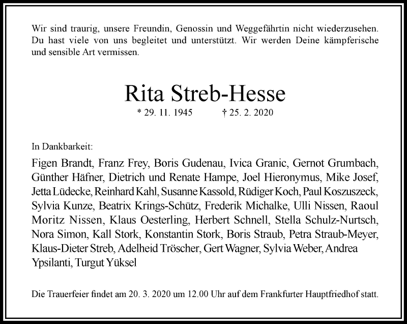  Traueranzeige für Rita Streeb-Hesse vom 14.03.2020 aus RMZ
