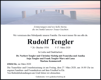 Traueranzeige von Rudolf Tengler von RMZ