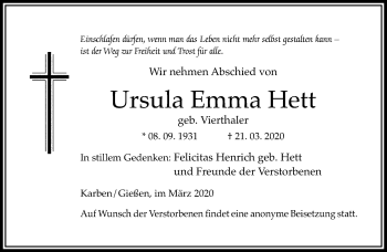 Traueranzeige von Ursula Emma Hett von RMZ