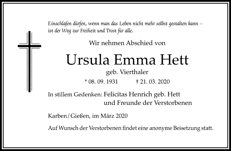 Traueranzeigen Von Ursula Emma Hett Trauer Rheinmainde