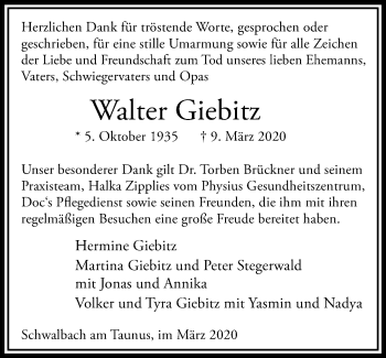 Traueranzeige von Walter Giebitz von RMZ