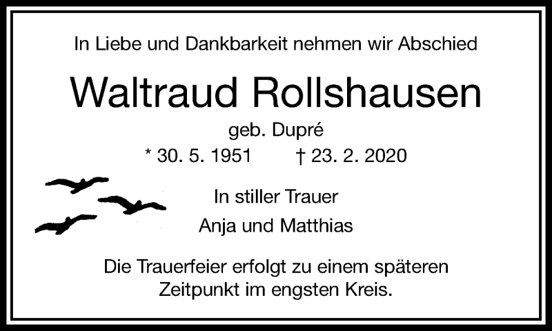  Traueranzeige für Waltraud Rollshausen vom 07.03.2020 aus RMZ
