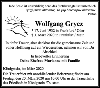 Traueranzeige von Wolfgang Grycz von RMZ