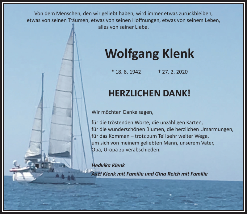  Traueranzeige für Wolfgang Klenk vom 20.03.2020 aus RMZ