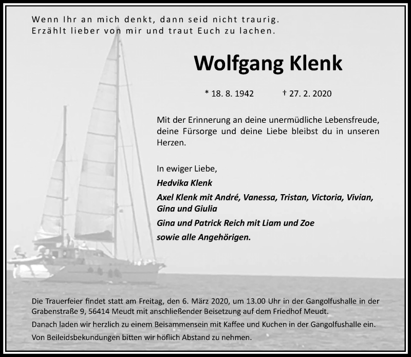  Traueranzeige für Wolfgang Klenk vom 03.03.2020 aus RMZ