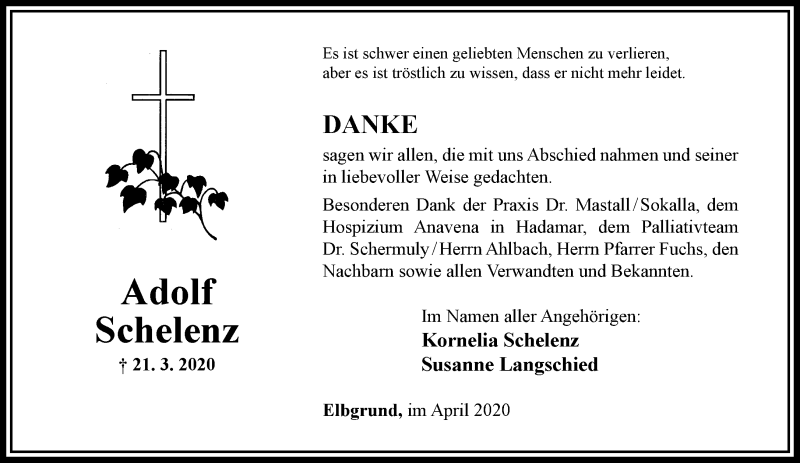  Traueranzeige für Adolf Schelenz vom 18.04.2020 aus RMZ