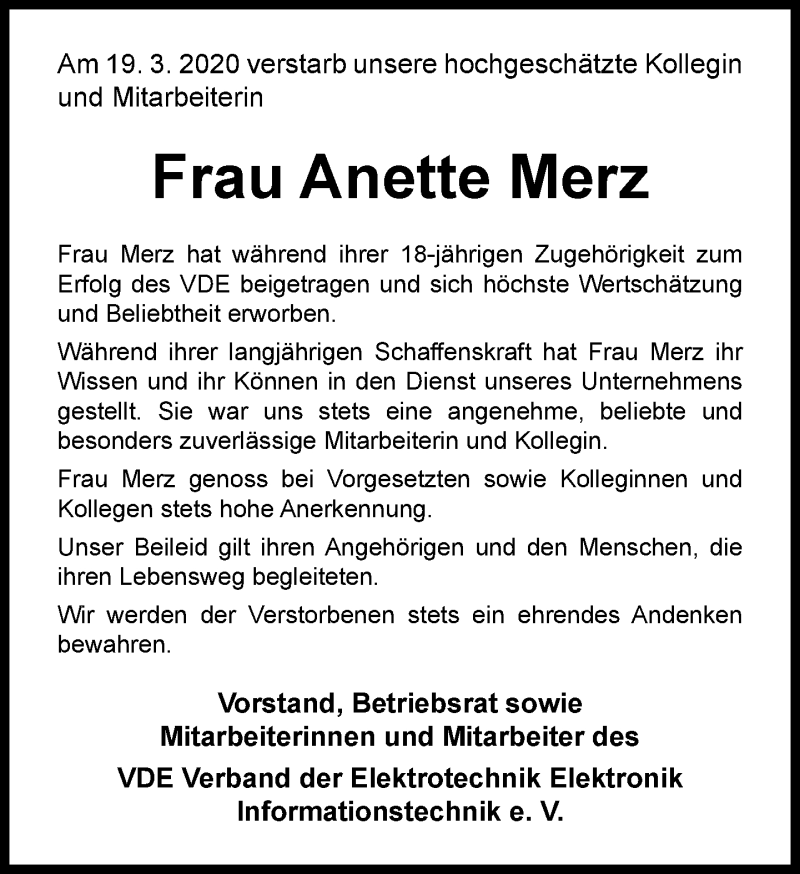  Traueranzeige für Anette Merz vom 02.04.2020 aus RMZ