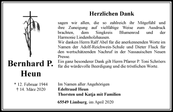 Traueranzeige von Bernhard P. Heun von RMZ