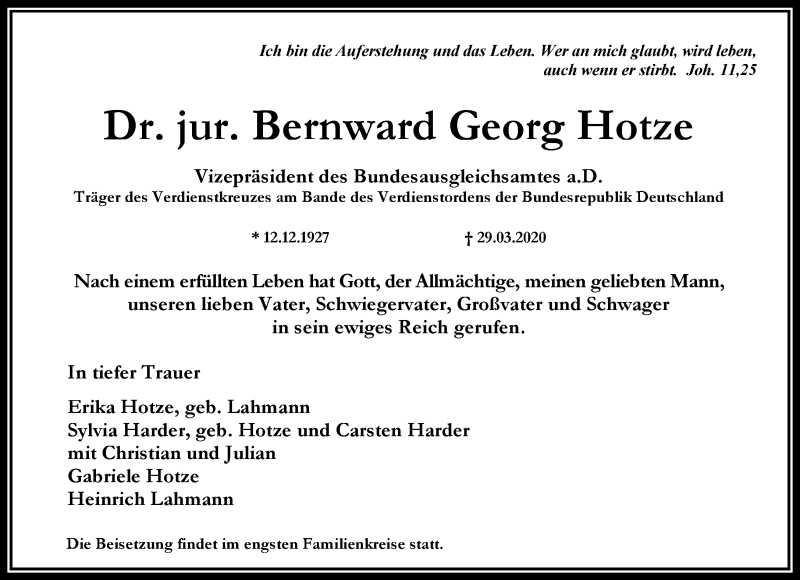  Traueranzeige für Bernward Georg Hotze vom 11.04.2020 aus RMZ