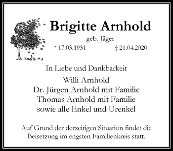 Traueranzeige von Brigitte Arnold von RMZ
