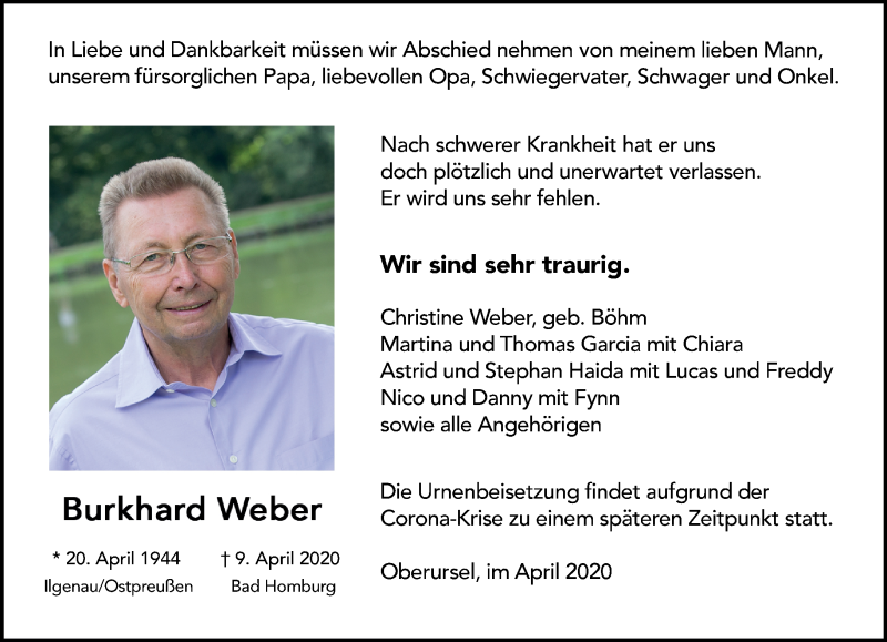  Traueranzeige für Burkhard Weber vom 18.04.2020 aus RMZ