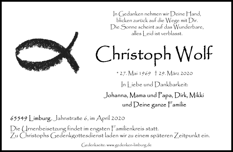  Traueranzeige für Christoph Wolf vom 04.04.2020 aus RMZ