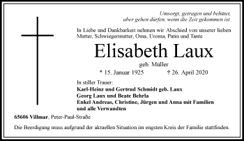 Traueranzeige von Elisabeth Laux von RMZ