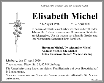 Traueranzeige von Elisabeth Michel von RMZ