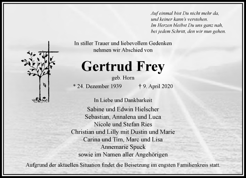  Traueranzeige für Gertrud Frey vom 18.04.2020 aus RMZ