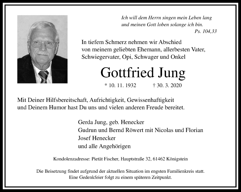 Traueranzeigen von Gottfried Jung | trauer-rheinmain.de