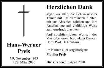 Traueranzeige von Hans-Werner Preis von RMZ