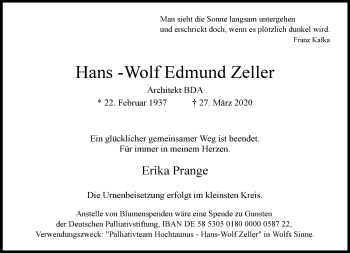 Traueranzeige von Hans-Wolf Edmund Zeller von RMZ
