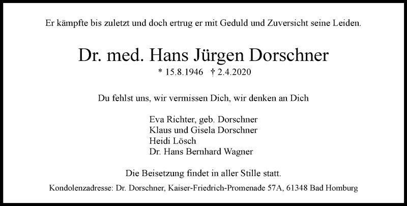  Traueranzeige für Hans Jürgen Dorschner vom 11.04.2020 aus RMZ