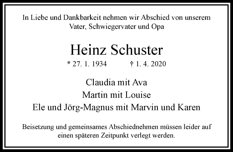  Traueranzeige für Heinz Schuster vom 11.04.2020 aus RMZ