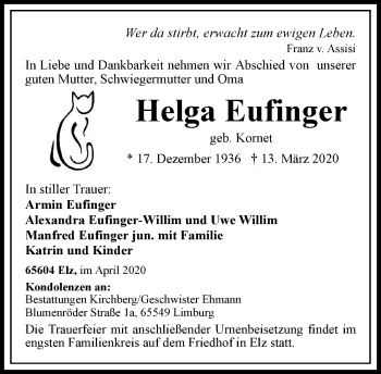 Traueranzeige von Helga Eufinger von RMZ