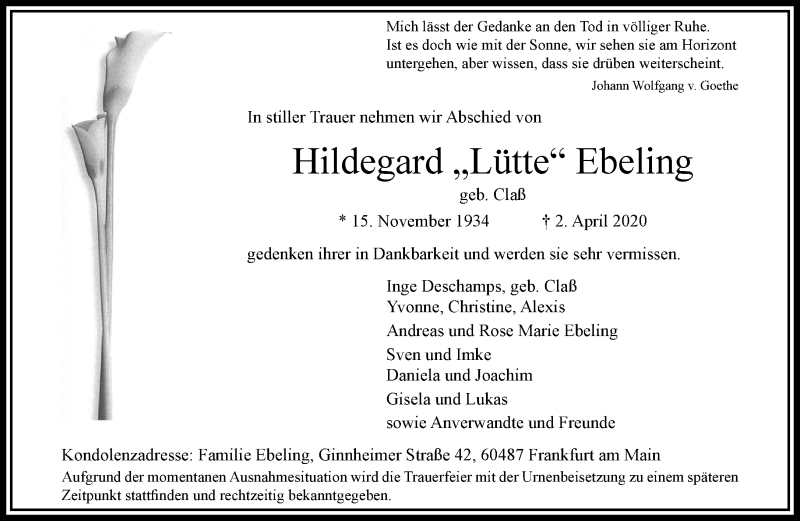  Traueranzeige für Hildegard Ebeling vom 11.04.2020 aus RMZ