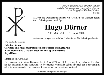 Traueranzeige von Hugo Dörner von RMZ