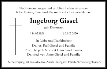 Traueranzeige von Ingeborg Gissel von RMZ