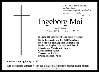 Traueranzeige von Ingeborg Mai von RMZ