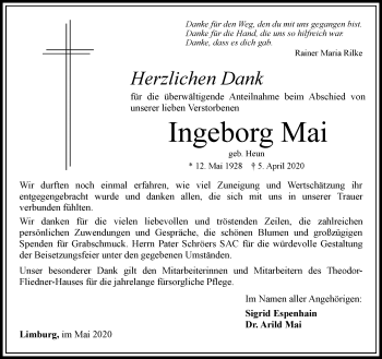 Traueranzeige von Ingeborg Mai von RMZ