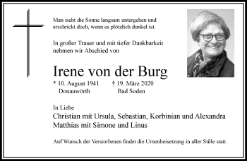 Traueranzeige von Irene  von der Burg von RMZ