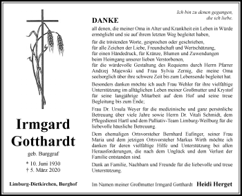 Traueranzeige von Irmgard Gotthardt von RMZ