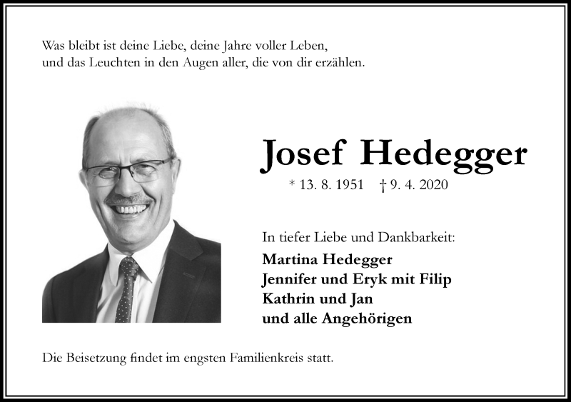  Traueranzeige für Josef Hedegger vom 24.04.2020 aus RMZ