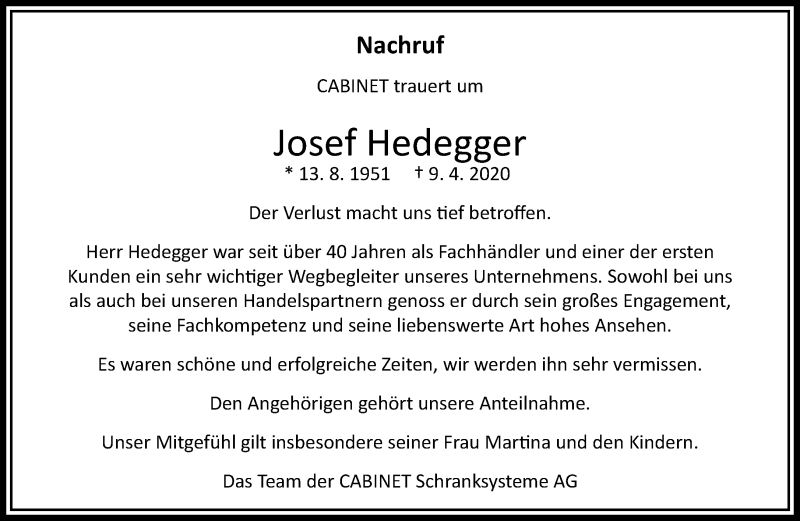  Traueranzeige für Josef Hedegger vom 02.05.2020 aus RMZ