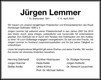 Traueranzeige von Jürgen Lemmer von RMZ