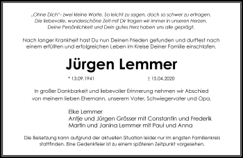 Traueranzeige von Jürgen Lemmer von RMZ
