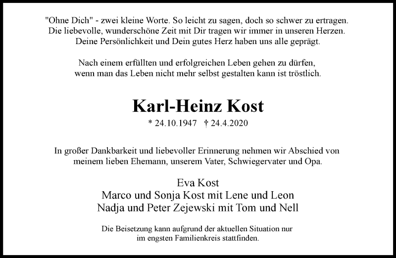  Traueranzeige für Karl-Heinz Kost vom 02.05.2020 aus RMZ