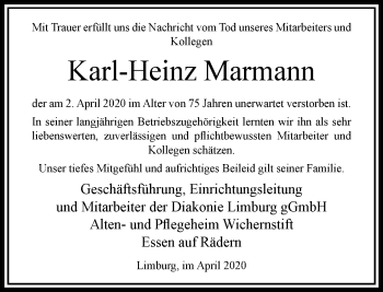 Traueranzeige von Karl-Heinz Marmann von RMZ