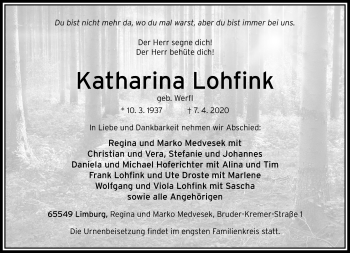 Traueranzeige von Katharina Lohfink von RMZ