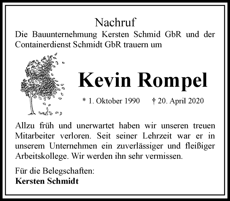  Traueranzeige für Kevin Rompel vom 25.04.2020 aus RMZ
