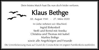 Traueranzeige von Klaus Bethge von RMZ