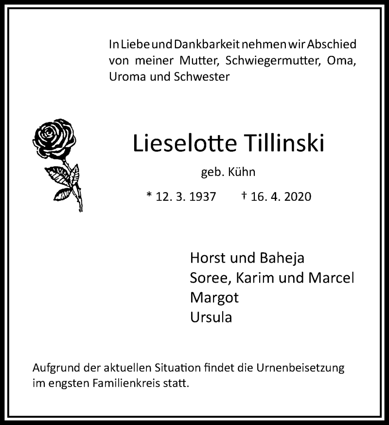  Traueranzeige für Lieselotte Tillinski vom 02.05.2020 aus RMZ