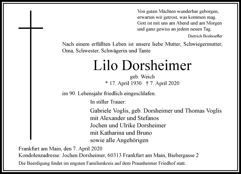  Traueranzeige für Lilo Dorsheimer vom 11.04.2020 aus RMZ