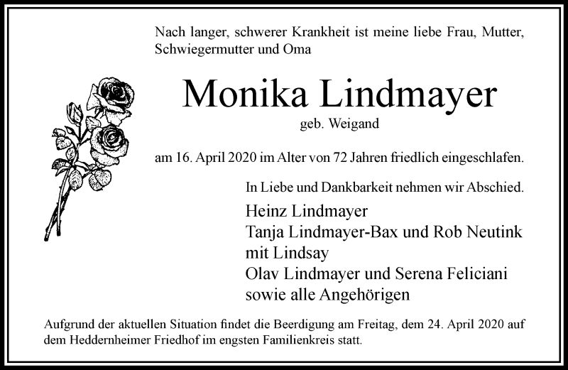  Traueranzeige für Monika Lindmayer vom 21.04.2020 aus RMZ