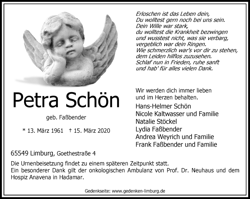  Traueranzeige für Petra Schön vom 04.04.2020 aus RMZ