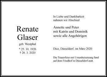 Traueranzeige von Renate Glaser von RMZ